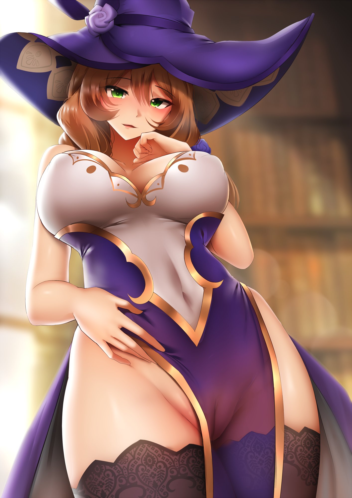 1girls, big breasts, blush, breasts, brown hair, curvy figure, eye contact, female, genshin impact, ginhaha, green eyes, hat, higher resolution available, large breasts, lisa (genshin impact), looking at viewer, no panties, no pubic hair, pussy, rose, solo, standing, thick thighs, thighhighs, thighs, transparent clothing, uncensored, witch hat
