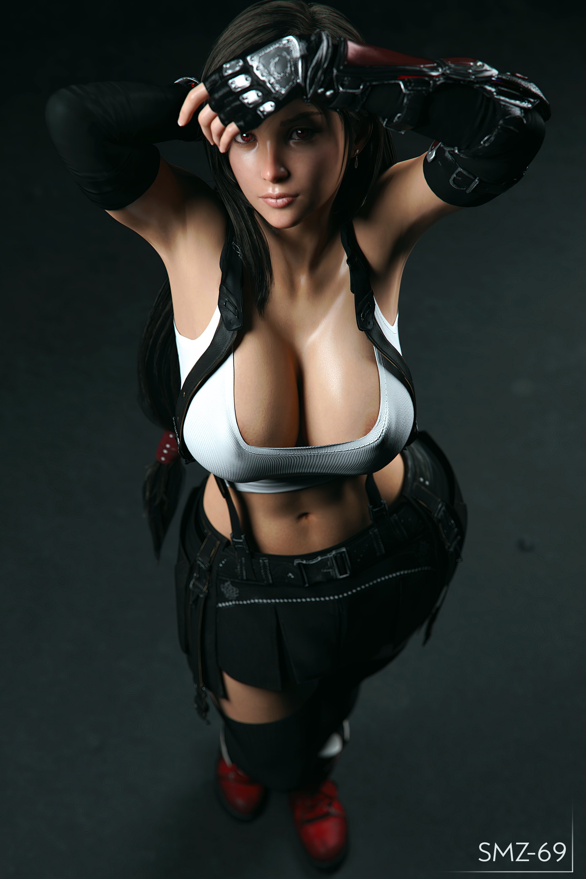 1girls, 3d, areola slip, areolae, big breasts, breasts, brown hair, cleavage, clothed, crop top, female, final fantasy, final fantasy vii, final fantasy vii remake, fingerless gloves, large breasts, long hair, looking at viewer, midriff, navel, red eyes, skirt, smz-69, solo, solo female, tank top, thighhighs, tifa lockhart, zettai ryouiki