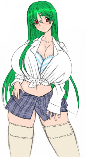 1girls beauty_mark blush bra bra_cups_sticking_out breasts cleavage clothed clothed_female collarbone eyebrows_visible_through_hair eyewear female female_only front-tie_top glasses green_hair huge_breasts kloah long_hair miniskirt mole original original_character otsuka_ren plaid plaid_skirt red_eyes skirt smile solo solo_female striped striped_bra thighhighs tied_shirt very_long_hair white_shirt