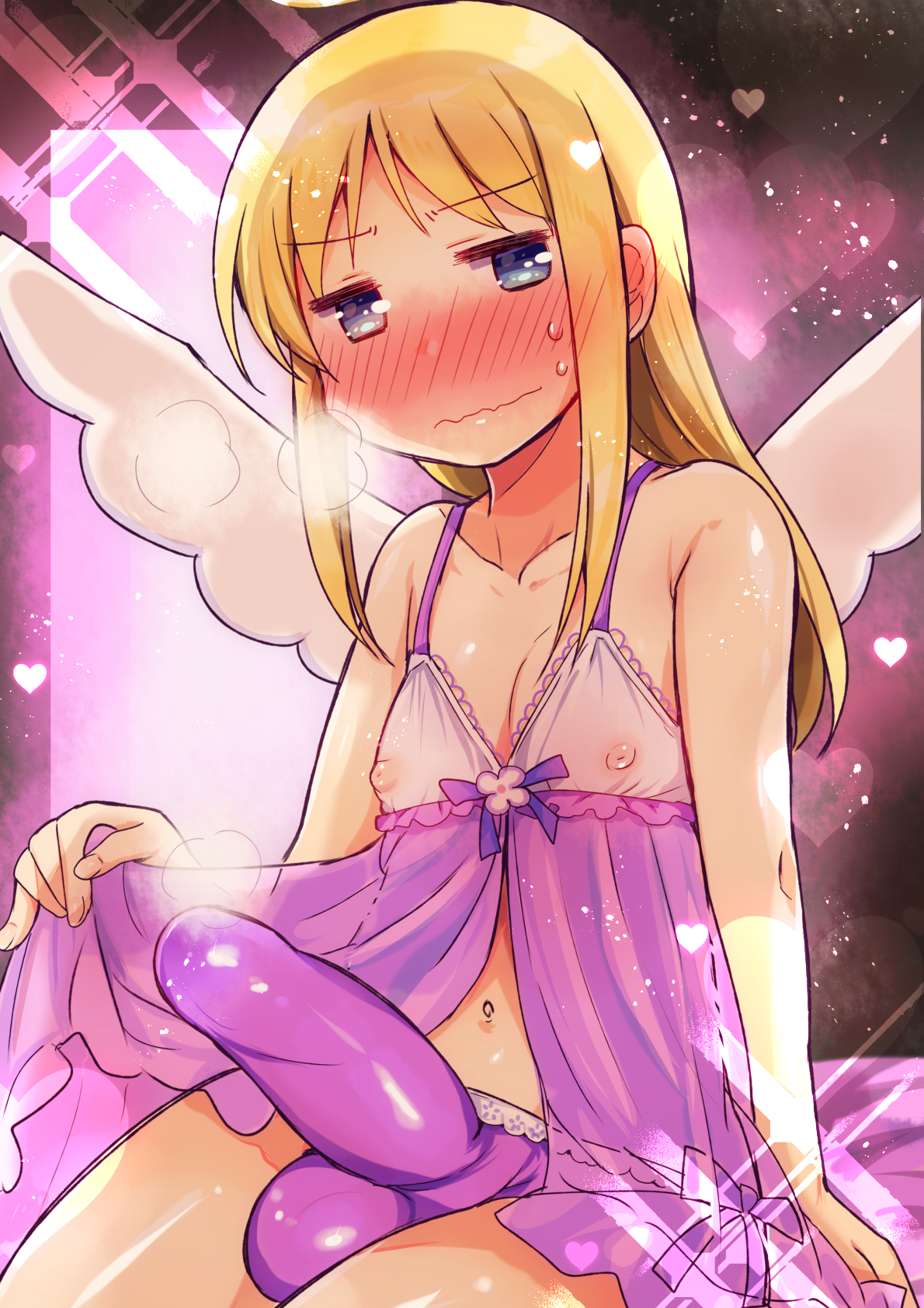 1futa, anagurautubo, angel, areolae, blonde hair, breasts, bulge, clothed, clothing, crimvael, embarrassed, erection, erection under clothes, front view, futa only, futanari, humanoid, humanoid penis, intersex, ishuzoku reviewers, looking away, pale skin, partially clothed, penis, precum through clothing, presenting hindquarters, see-through, sitting, small breasts, solo, solo futa, wavy mouth, wings