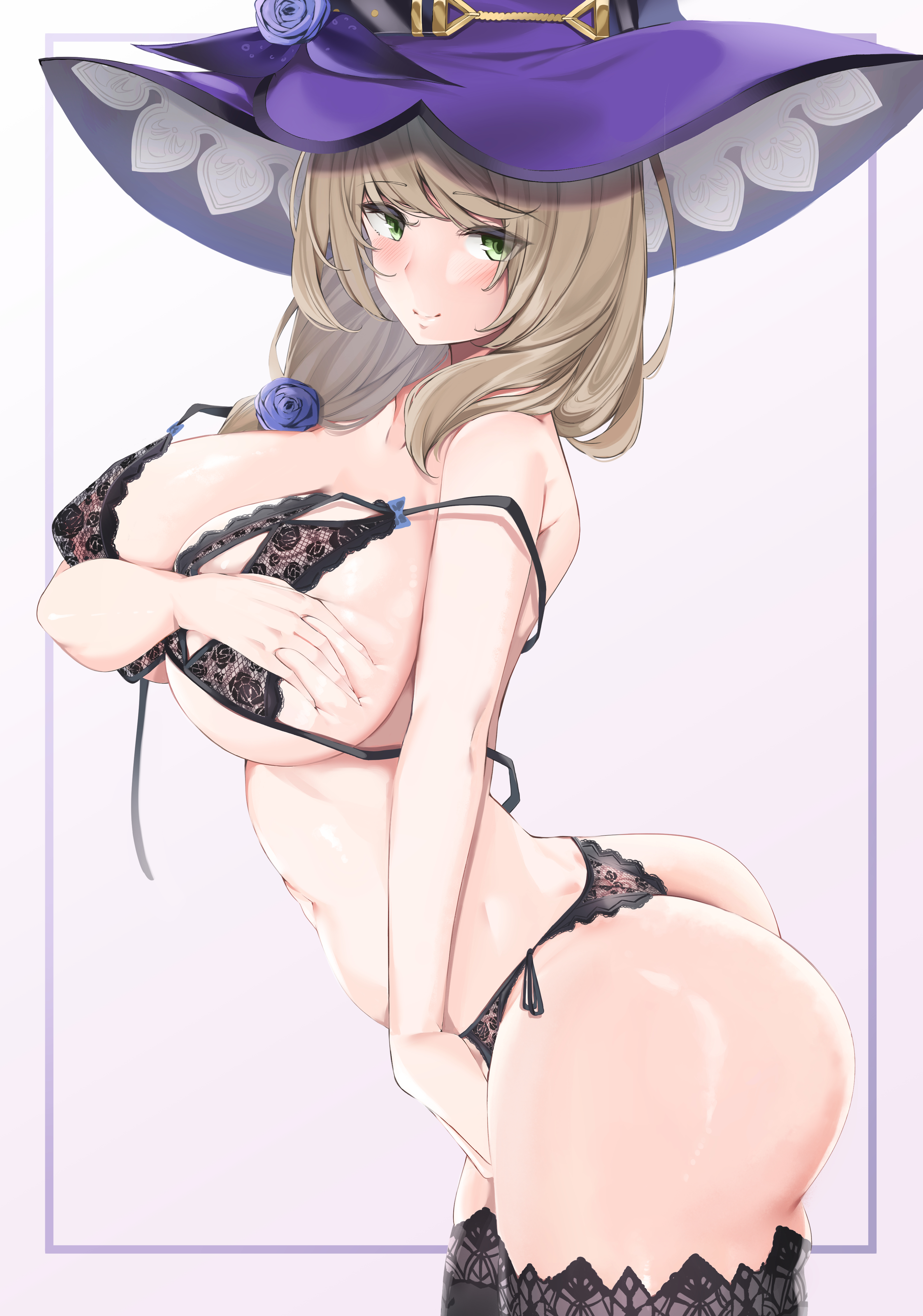 1girls, ass, bannou ippoutsukou, bare shoulders, big ass, big breasts, blush, bra, breasts, covering breasts, curvy, eyebrows visible through hair, female, female only, genshin impact, green eyes, hat, highres, huge breasts, large breasts, lingerie, lisa (genshin impact), looking at viewer, panties, see-through, simple background, smile, solo, solo female, standing, stockings, thighhighs, thin eyebrows, underwear, voluptuous, witch hat