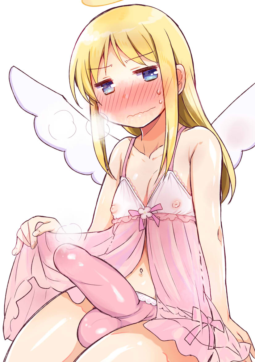 1futa anagurautubo angel areolae blonde_hair blush bulge clothed clothing crimvael embarrassed erection erection_under_clothes front_view futa_only futanari humanoid humanoid_penis ishuzoku_reviewers looking_away nipples pale_skin partially_clothed precum_through_clothing presenting_hindquarters see-through sitting small_breasts solo solo_futa wavy_mouth wings