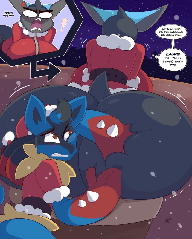 anthro, ass, breasts, christmas, female, gigantic ass, greninja, huge ass, huge breasts, kilinah, lucario, male, mega evolution, mega lucario, pokemon, pokemon (species), stuck, text, video games, wide hips