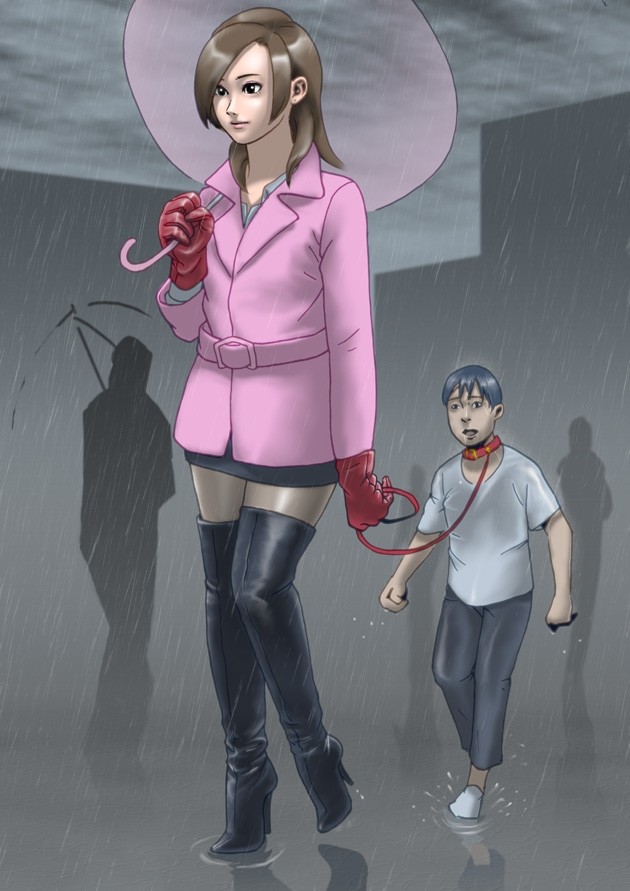 1boy 1girls 2d boots boy dead_inside enkaboots femdom gloves high_heel_boots leash leather_boots male malesub outdoors raincoat raining trenchcoat umbrella waist_belt