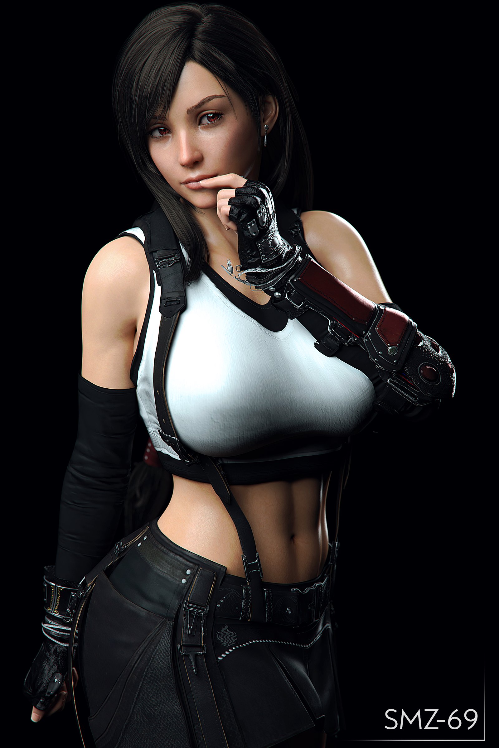 1girls, 3d, big breasts, breasts, brown hair, busty, cleavage, clothed, crop top, earrings, elbow gloves, female, final fantasy, final fantasy vii, final fantasy vii remake, finger to mouth, fingerless gloves, large breasts, long hair, looking away, midriff, navel, red eyes, sensual, skirt, smz-69, solo, solo female, suspenders, tank top, tifa lockhart, toned