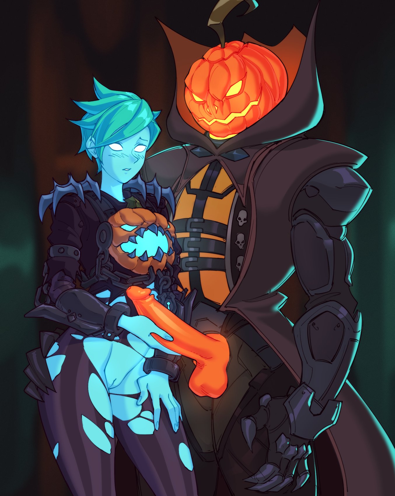 1boy 1girls alternate_costume balls big_penis cape chains claws erection female halloween halloween_costume human living_vegetable lock overwatch penis pumpkin pumpkin_head pumpkin_reaper pussy reaper ripped_clothes ripped_clothing ripped_pants straight suoiresnu testicles tracer vagina will-o-wisp_tracer