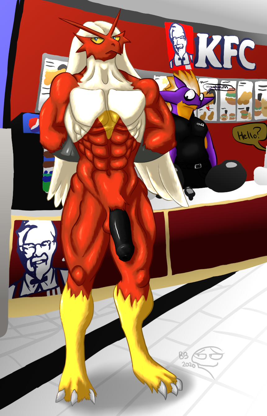 2020 abs avian beak biceps bird black_clothing black_pants black_shirt blaziken blue_eyes bulge chicken clothed color colored colored_line_art detailed_background duo duo_focus erection facing_viewer flaccid foreskin front_view full-length_portrait gay hands_behind_back humanoid_penis interspecies kfc light looking_at_another looking_at_penis looking_at_viewer male male_only multicolored_feathers muscles muscular_male navel nude nude_male pants pecs pepsi pokemon pokemon_(species) pokemorph pose presenting_balls presenting_crotch presenting_penis public_nudity purple_scales quads red_feathers restaurant scalie serratus serratus_anterior shaded shadow signature smile t-shirt thebigblackcod toxtricity two_tone_eyes two_tone_scales uniform white_feathers yellow_feathers yellow_scales yellow_sclera