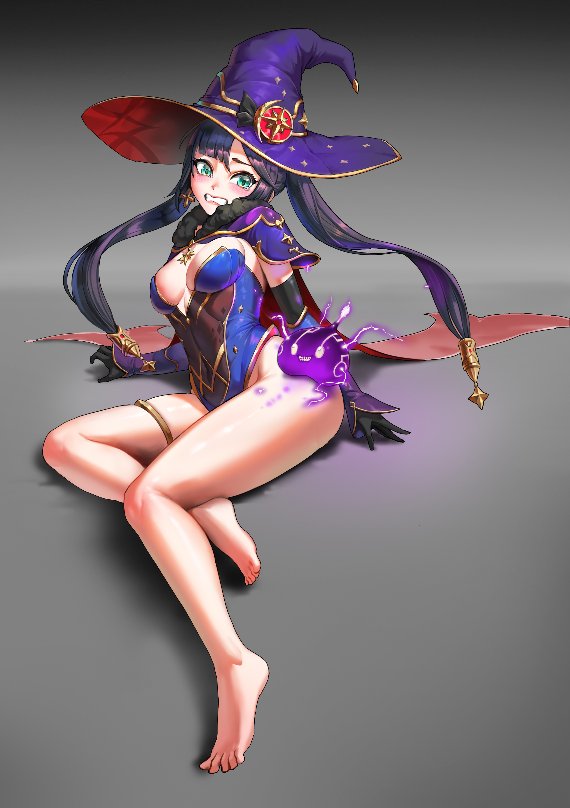 1girls, bare legs, blush, breasts, electricity, feet, female, genshin impact, highleg leotard, highres, legs, leotard, mona (genshin impact), scared, smile, tears, thighs, twintails, witch hat