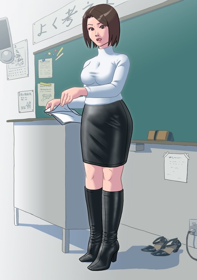 2d black_skirt boots brown_eyes brunette enkaboots leather_boots leather_skirt mature_female midi_skirt milf pencil_skirt skirt teacher tight_skirt tight_sweater white_sweater