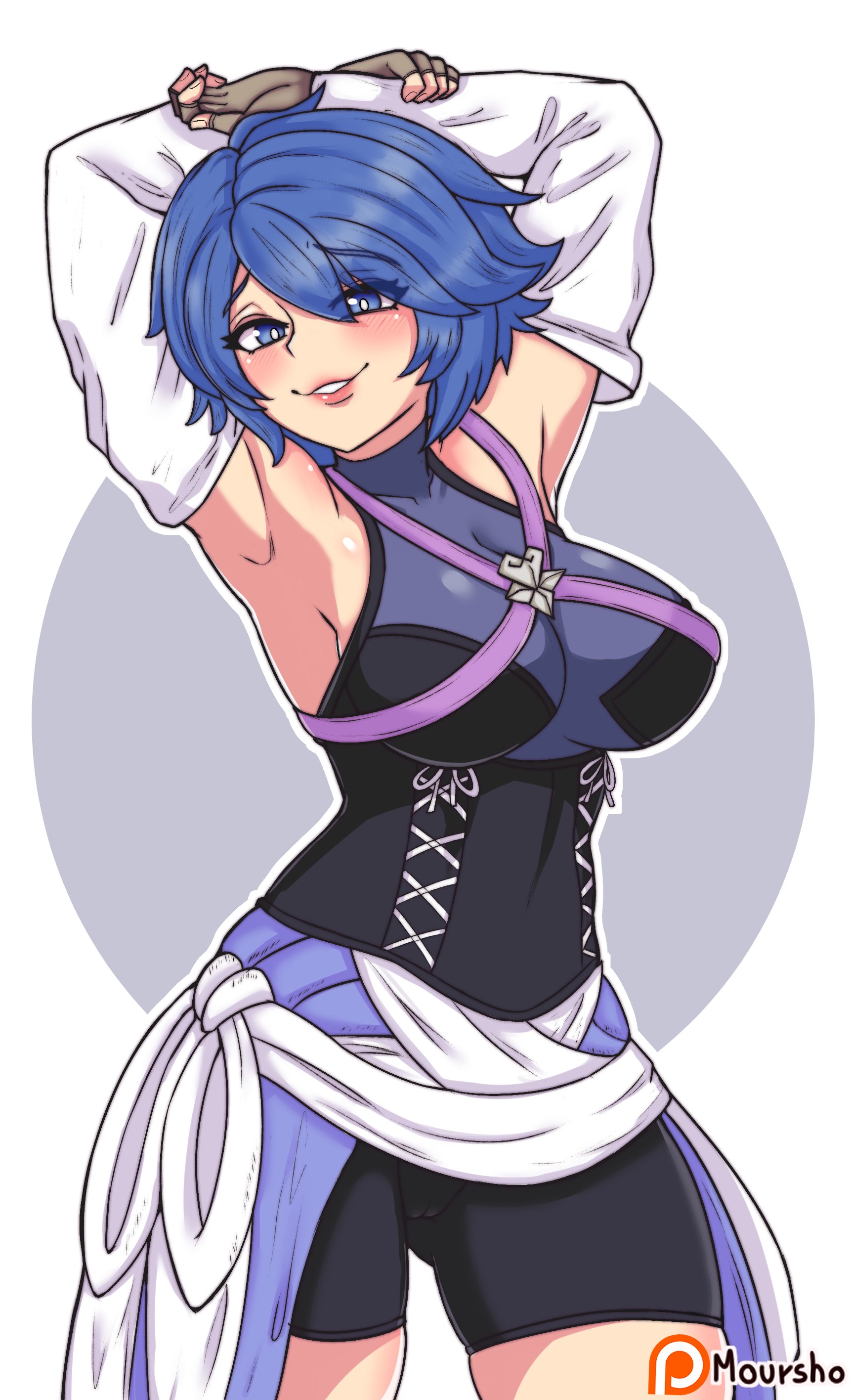 1girls, aqua (kingdom hearts), armpits, arms up, blue hair, blue-haired female, detached sleeves, disney, female, kingdom hearts, kingdom hearts birth by sleep, moursho, smile, solo female, square enix