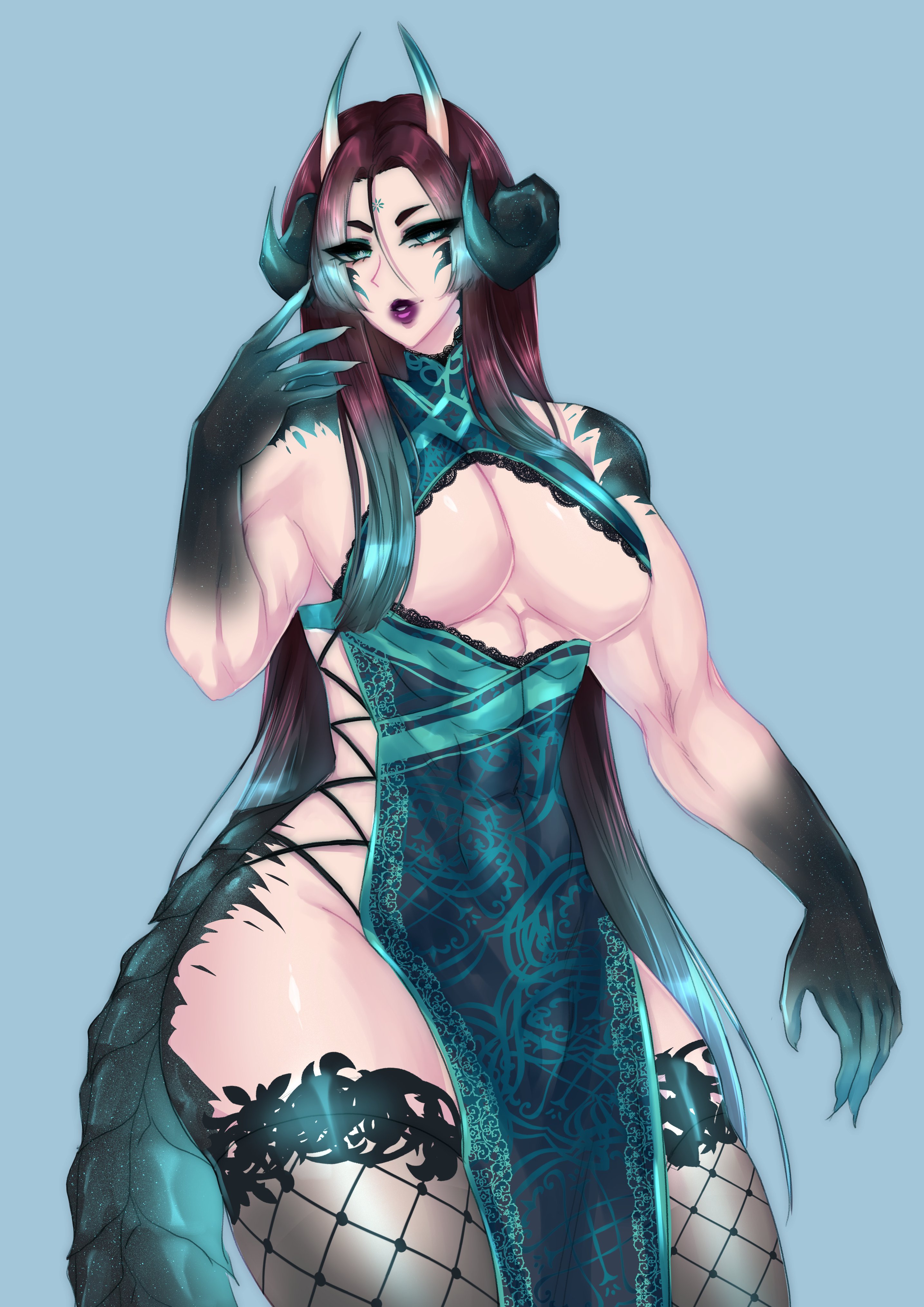 1boy, abs, ambush (trap), demon, elyunae, femboy, male, male only, solo, trap