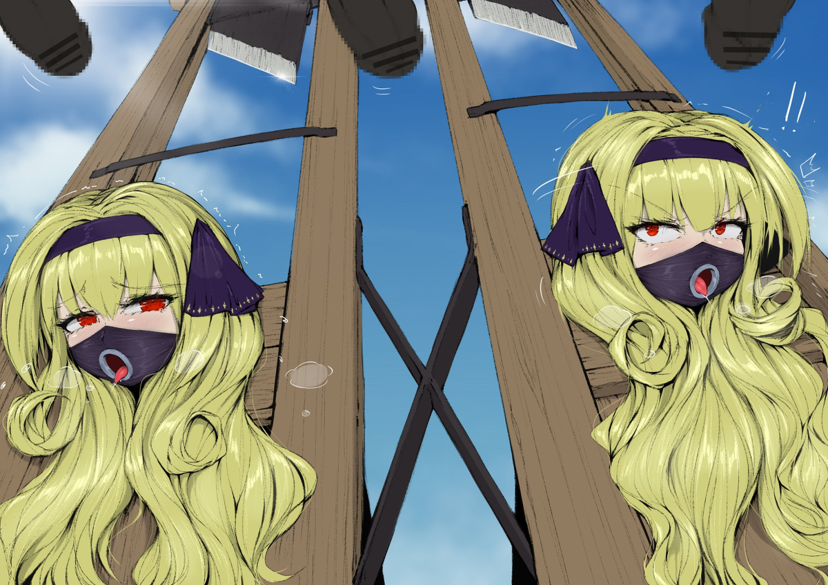 2girls, ameng, blonde hair, bondage, breasts, female, femsub, gag, gagged, guillotine, large breasts, male, multiple females, multiple girls, multiple subs, open mouth gag, original, penis, pillory, red eyes, ribbons, ring gag, stationary restraints, tagme