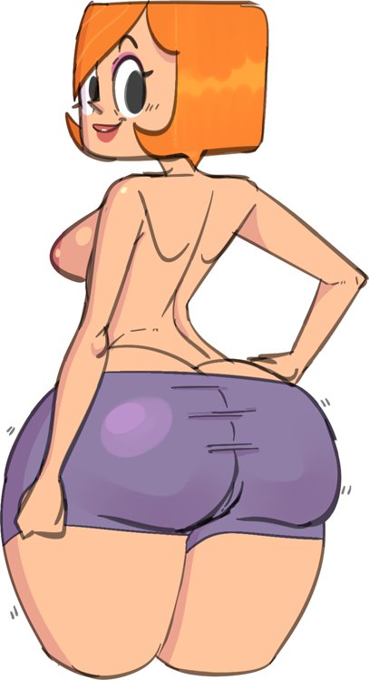 ass, barely contained, barely contained ass, barely fits, big ass, big ass (female), big butt (female), breasts, breasts out, cartoon network, debbie turnbull, debs turnbull, female, female only, half dressed, hand on hip, hotpants, huge ass (female), looking at viewer, no shirt, parody, robotboy, sideboob, simple background, sketch, thick thighs, tight fit, white background
