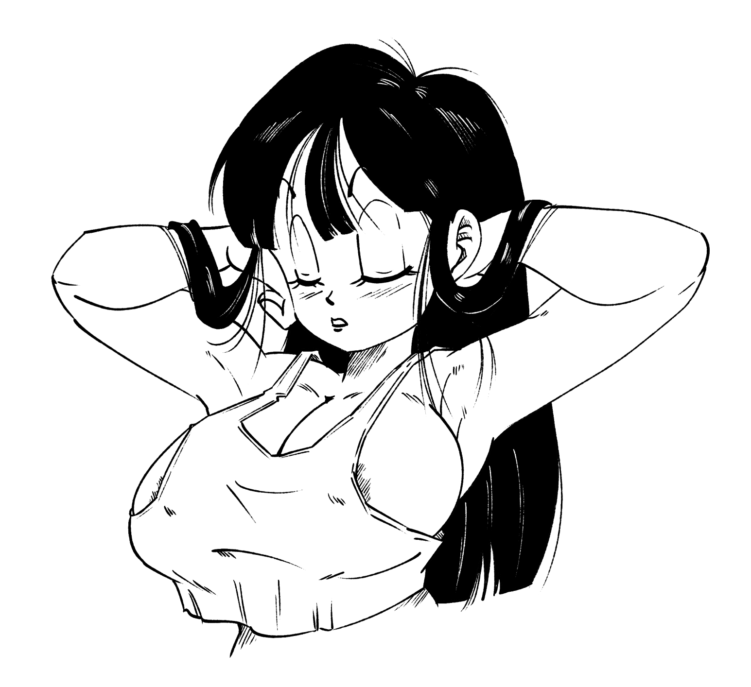 big breasts, breasts, chichi, cleavage, dragon ball, dragon ball super, dragon ball z, eyes closed, female, female only, funsexydragonball, hair down, huge breasts, large breasts, long hair, shounen jump, solo, solo female, tank top