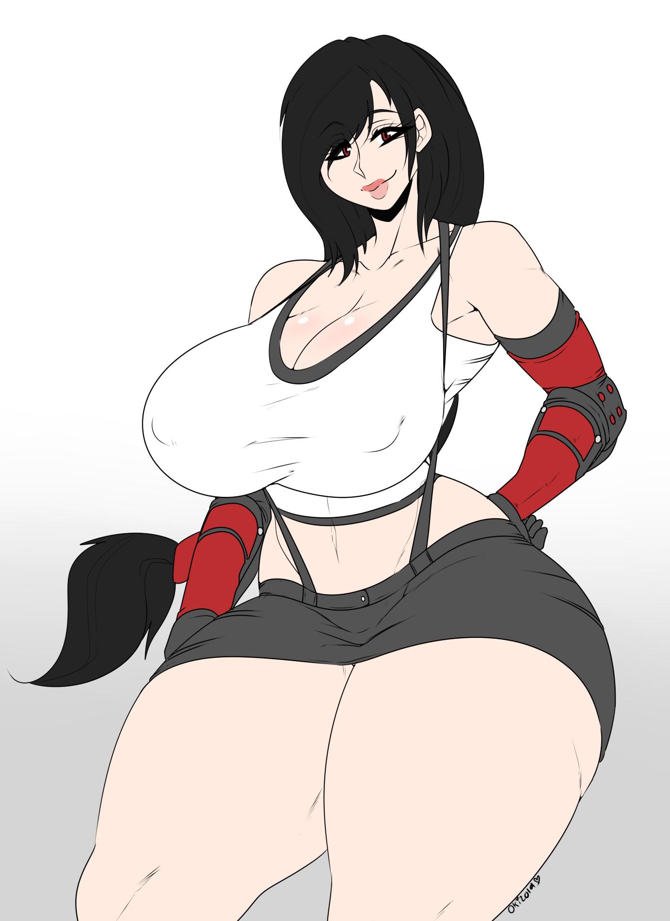 1girls, alternate ass size, alternate body type, alternate breast size, big breasts, black hair, breasts, brown eyes, cleavage, crop top, female, female only, final fantasy, final fantasy vii, final fantasy vii remake, fingerless gloves, gloves, hand on hip, highres, huge breasts, huge thighs, large breasts, lips, long hair, looking at viewer, low-tied long hair, navel, okioppai, red gloves, skirt, solo, solo female, suspender skirt, suspenders, thick thighs, thighs, tifa lockhart, voluptuous, white background, wide hips