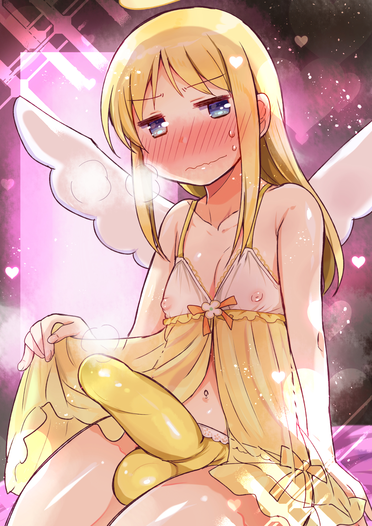 1futa, anagurautubo, angel, areolae, blonde hair, blush, breasts, bulge, clothed, clothing, crimvael, embarrassed, erection, erection under clothes, front view, futa only, futanari, humanoid, humanoid penis, intersex, ishuzoku reviewers, looking away, pale skin, partially clothed, penis, precum through clothing, presenting hindquarters, see-through, sitting, small breasts, solo, solo futa, wavy mouth, wings