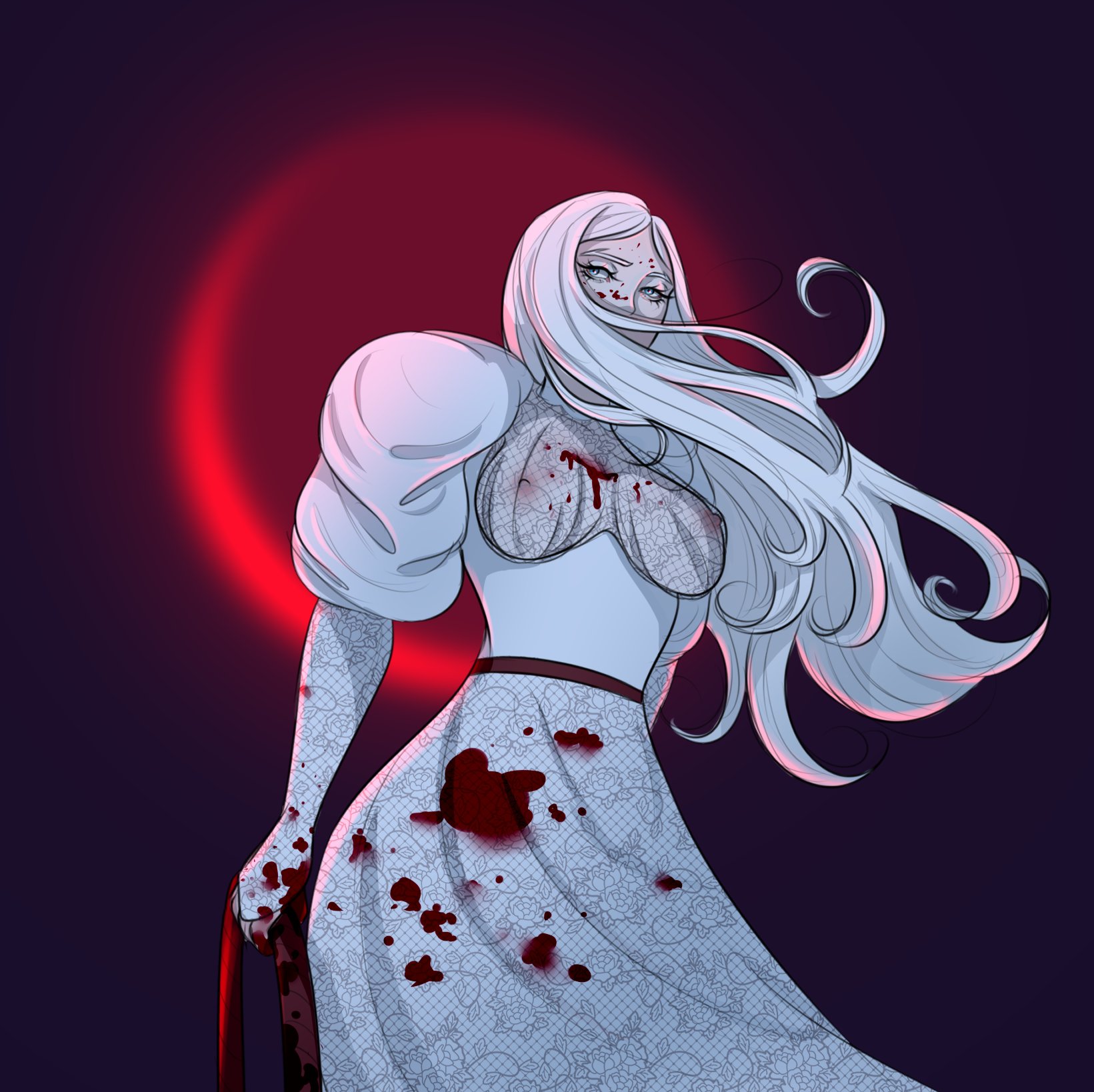 artistic, blood, breasts, carmilla (castlevania), castlevania, castlevania (netflix), female, female only, fruit succubus, lace, long hair, nipples, nipples visible through clothing, see-through top, solo female, vampire, white hair