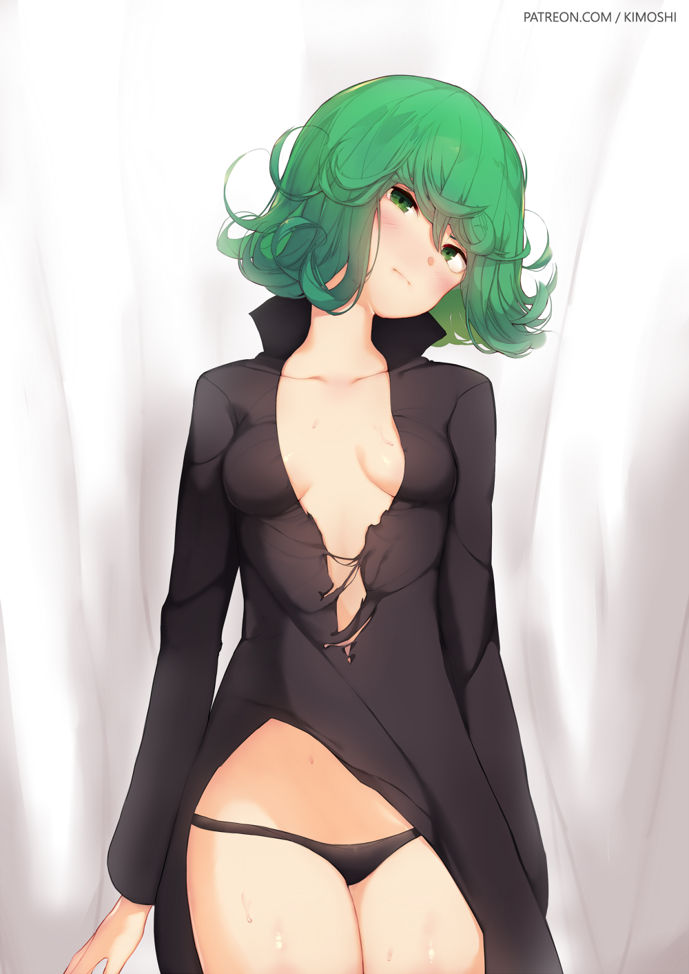 1girls, curly hair, cute, eyelashes, female, fringe, green eyes, green hair, kimoshi, looking at viewer, one-punch man, pale skin, panties, short hair, shy, skinny, tatsumaki, teenager, upset