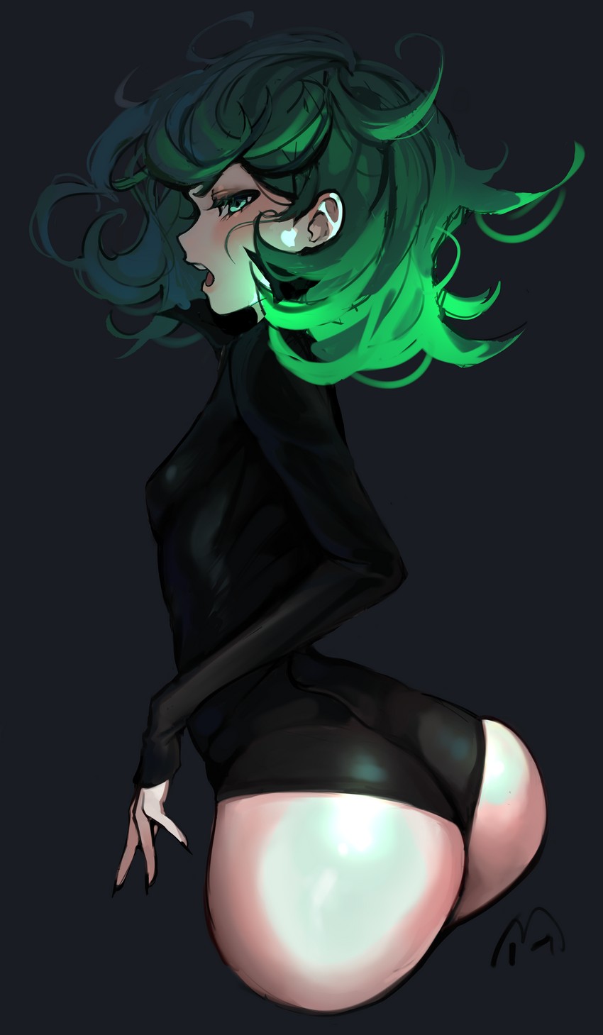 1girls, ass, breasts, curly hair, cute, emo, eyelashes, female, fringe, green eyes, green hair, looking back, looking down, mia (azhdvao), naughty face, one-punch man, pale skin, seductive look, short hair, skinny, small breasts, tatsumaki, teenager