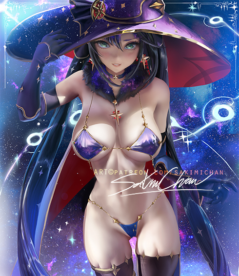 1girls, big breasts, breasts, cleavage, female, female only, genshin impact, large breasts, mona (genshin impact), pinup, sakimichan, solo, thighhighs