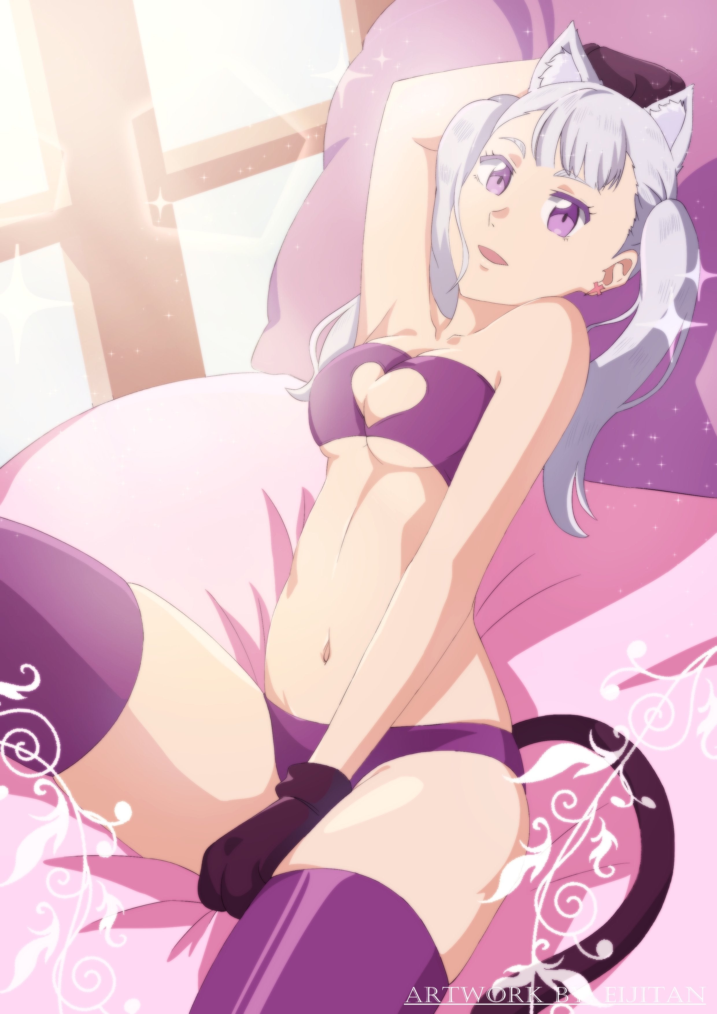 1girls, alluring, animal ears, bed, bedroom, black clover, breasts, cat costume, cat ears, cat girl, cat paws, catgirl, eijitan, female, halloween, hand between legs, hand on head, heart cutout, laying on bed, legwear, long hair, looking at viewer, noelle silva, open mouth, pink sheets, presenting, purple eyes, purple panties, silver hair, small breasts, teenager, twintails, watermark, wide hips