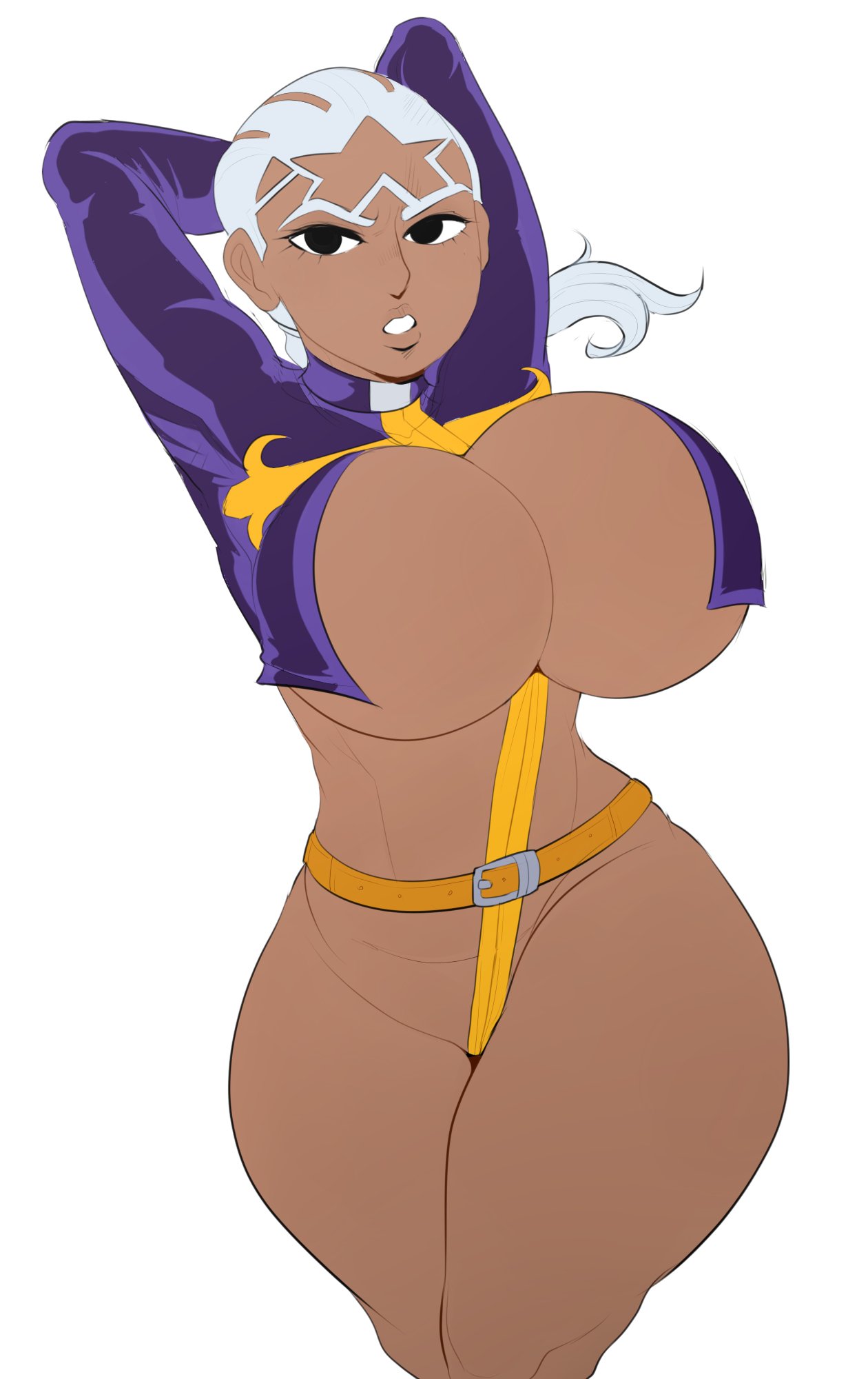 1girls, arms behind head, big breasts, breasts, colored, dark skin, dark-skinned female, detnox, enrico pucci, favorite, female, female only, functionally nude, grey hair, hands behind head, hourglass figure, huge breasts, human, jojo's bizarre adventure, mostly nude, pose, presenting, rule 63, shounen jump, small clothes, solo, stone ocean, tan, thick thighs, tied hair, villainess, wide hips