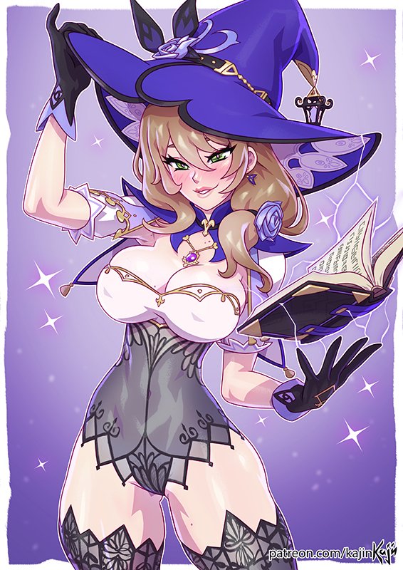 1girls, big breasts, blush, breasts, cleavage, female, female only, full lips, genshin impact, hat, kajinman, large breasts, light skin, light-skinned female, lisa (genshin impact), mature female, nipple bulge, slim waist, solo, thick thighs, thighhighs, variant, wide hips, witch, witch hat