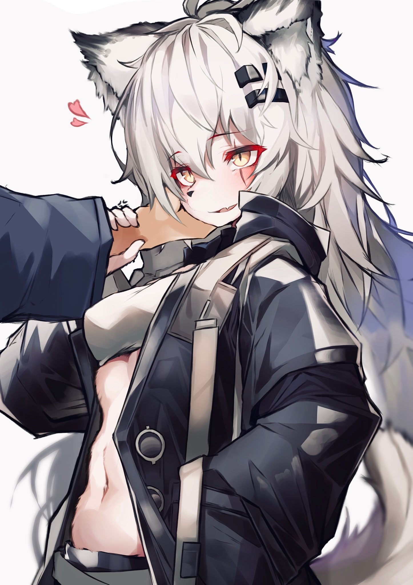 1girls, anthro, arknights, big breasts, blush, breasts, canine, claws, cute, cute fang, disembodied hand, female, fluffy, fluffy hair, fluffy tail, fur, furry, heart, human, lappland (arknights), looking at another, looking at viewer, mammal, open mouth, paws, sweat, tab head, tail, tongue, white fur, white hair