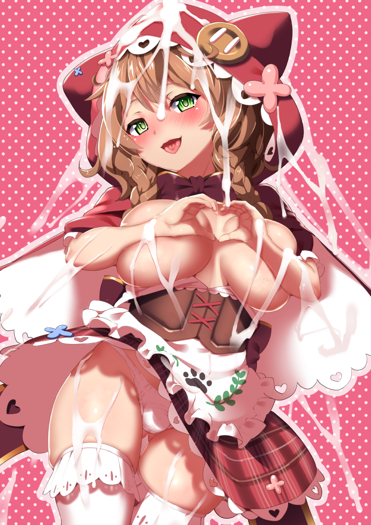 ayagi_daifuku blush breasts brown_hair bukkake cum cum_everywhere cum_on_body cum_on_breasts cum_on_clothes cum_on_hair cum_on_thighs exposed_breasts facial female green_eyes heart heart_hands large_breasts nijisanji open_mouth panties skirt solo tongue_out upskirt virtual_youtuber warabeda_meiji warabeda_meijii