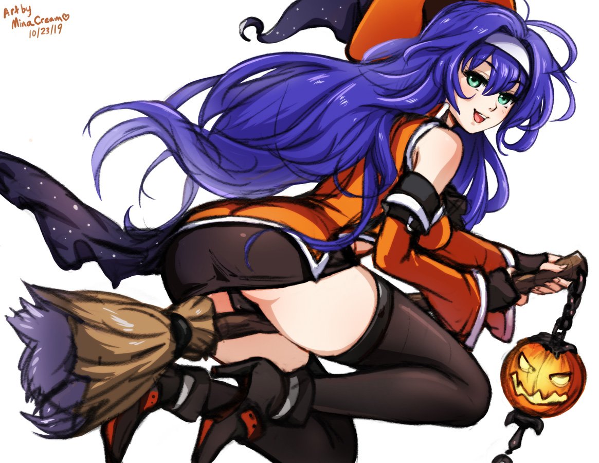 1girls alternate_costume ass bare_thighs big_ass black_panties boots breasts broom broom_riding broomstick clothed female female_only fire_emblem fire_emblem:_path_of_radiance fire_emblem:_radiant_dawn fire_emblem_heroes green_eyes halloween halloween_costume headband high_heels higher_resolution_available long_hair long_sleeves looking_at_viewer looking_back mia_(fire_emblem) mia_(halloween)_(fire_emblem) minacream nintendo official_alternate_costume open_mouth open_smile panties pantyshot pantyshot_(sitting) pumpkin purple_hair smile smug solo thighhighs thighs upskirt witch witch_hat