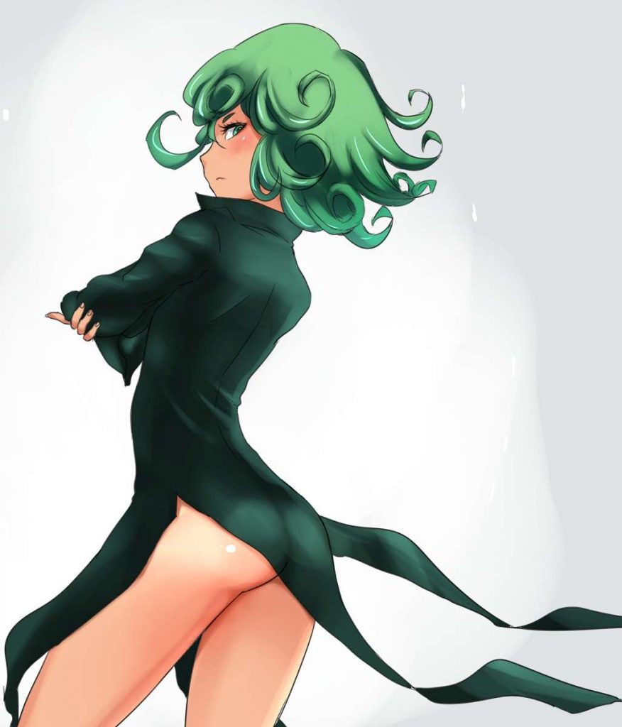 1girls ass butt curly_hair cute eyelashes female fringe glaring green_eyes green_hair looking_at_viewer looking_back mokokusa one-punch_man pale_skin short_hair skinny small_ass solo tatsumaki teenager