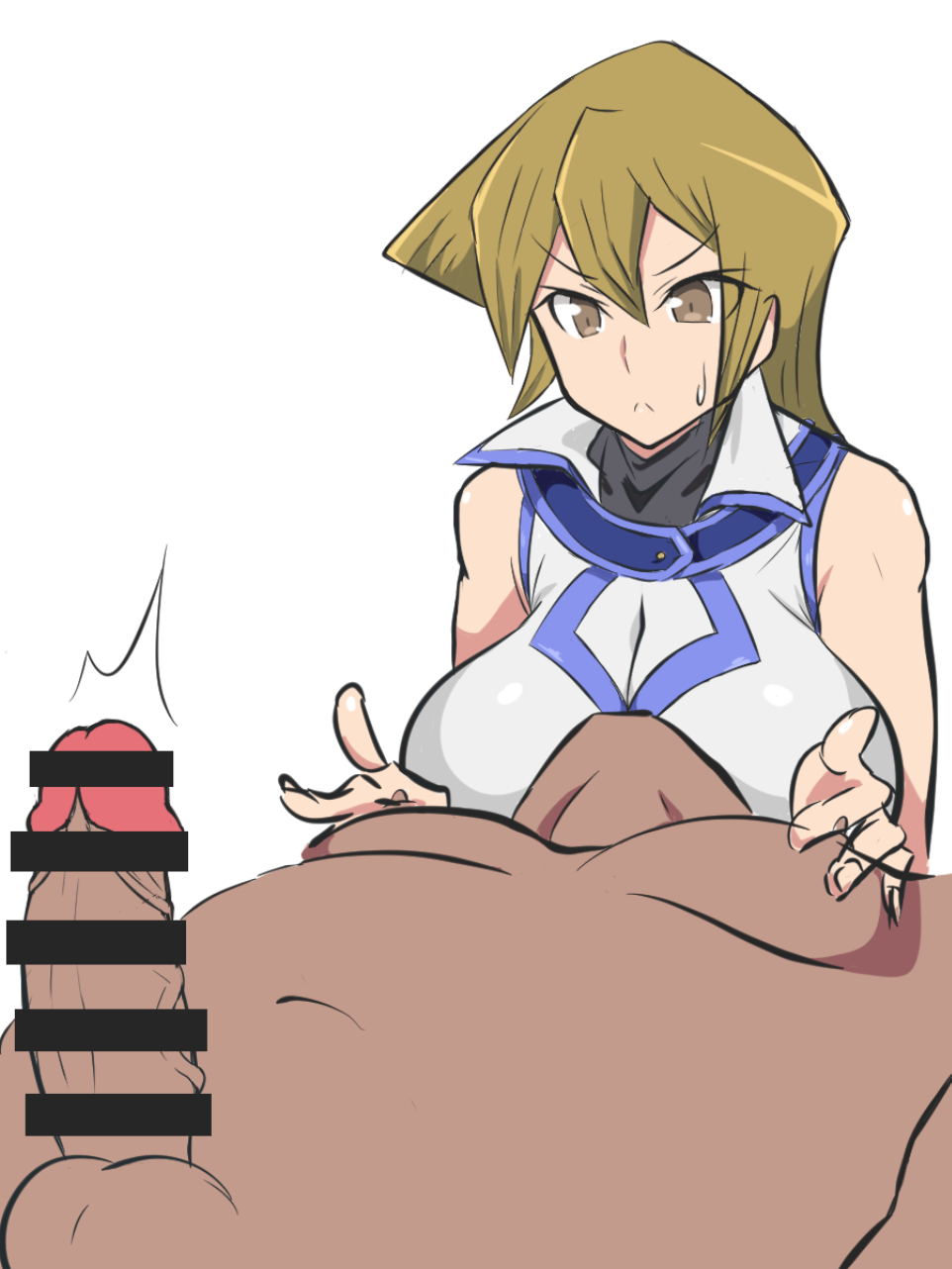 alexis rhodes, big breasts, blonde hair, breasts, brown eyes, censored, clothed, clothed female, clothed female nude male, dark skin, dark-skinned male, dd (artist), erection, female, large breasts, male, penis, penis awe, simple background, straight, young, yu-gi-oh!, yu-gi-oh! gx