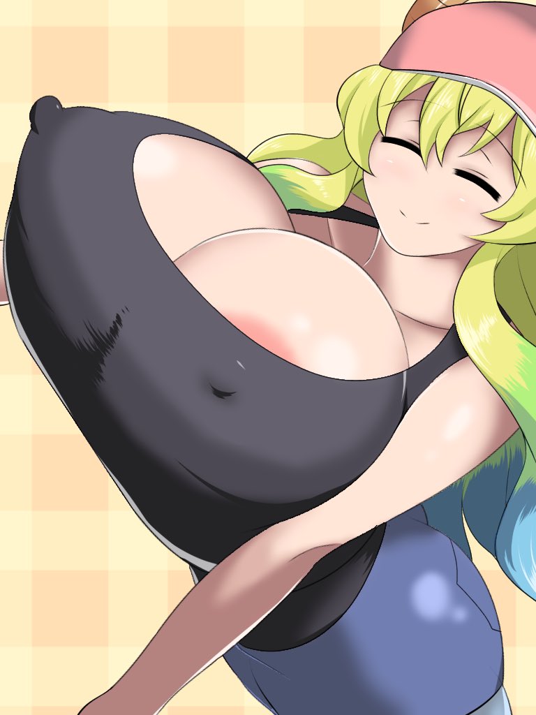 1girls, areola slip, black shirt, blonde hair, blue hair, breasts, breasts bigger than head, clavicle, cleavage, closed eyes, erect nipples, erect nipples under clothes, eyebrows visible through hair, female, female only, gradient hair, green hair, hat, huge breasts, long hair, miss kobayashi's dragon maid, multicolored hair, nipple bulge, nipples, norio (pheromosa times), quetzalcoatl (dragon maid), shirt, shorts, sleeveless, smile, solo, solo female, yellow hair