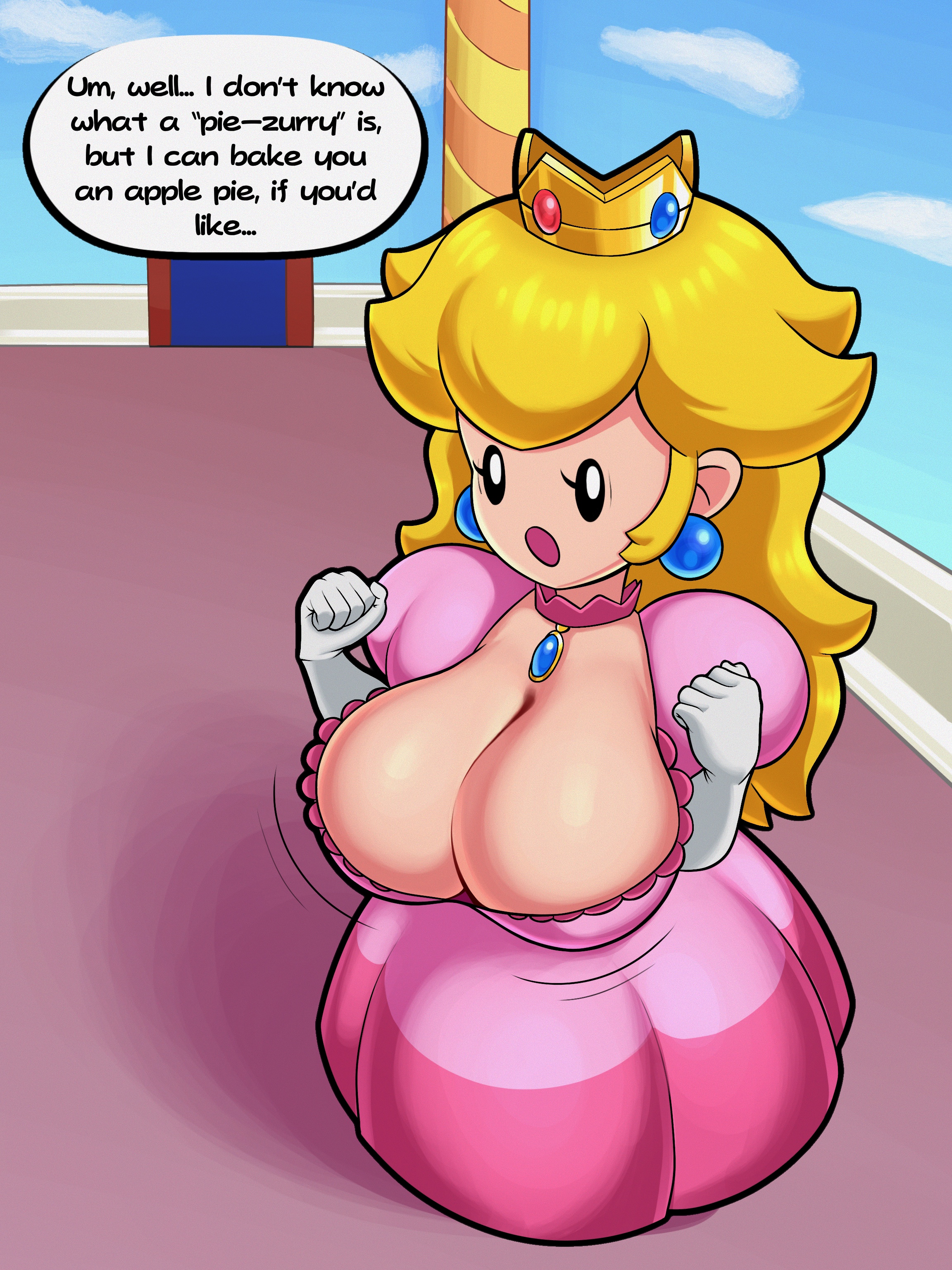 1girls, breasts, breasts bigger than head, cleavage, clothing, dress, english text, female, female only, huge breasts, indoors, long hair, mario (series), nintendo, paper mario, paper peach, pink dress, princess peach, sleepiitreat, solo, speech bubble, standing, tagme, text