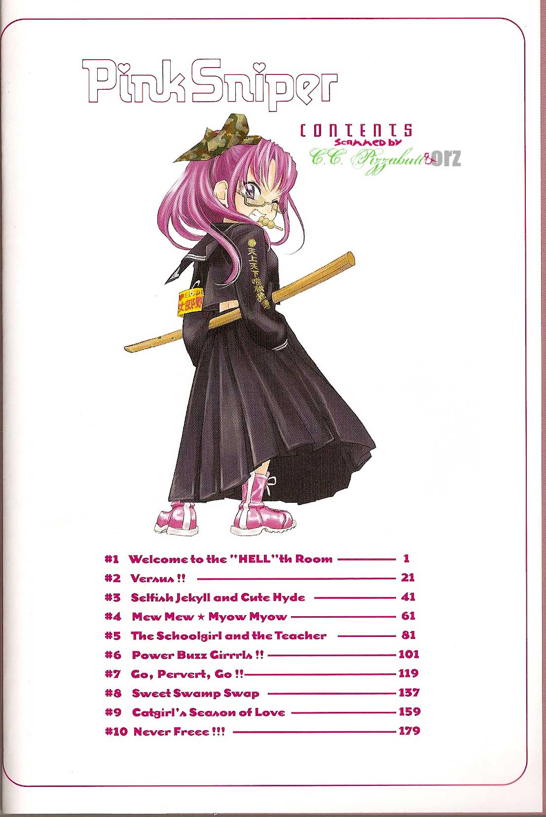 english_text glasses highres jpeg_artifacts looking_back manga mouth_hold pink_hair pink_sniper scan table_of_contents wink yonekura_kengo