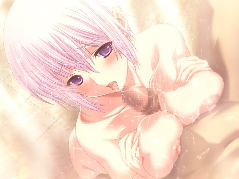 breast_squeeze breasts censored cum female game_cg large_breasts lydia_(toriko_no_hime) m&m_(mickey_and_mackey) male nipples nude open_mouth paizuri penis pink_hair pov purple_eyes saliva short_hair shower straight tongue toriko_no_hime wet