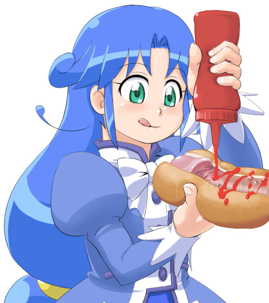 blue_hair erection female food food_penetration fushigiboshi_no_futago_hime green_eyes hot_dog ketchup long_hair penis penis_hot_dog penis_play rein ribbon ribbons tongue uncensored youkan