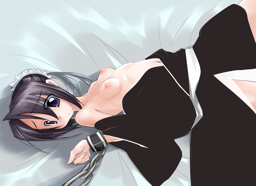 1girls bed black_hair bleach bondage breasts bun_cover chains cuffs female female_only flat_chest hair_bun hinamori_momo japanese_clothes lying nipples open_clothes open_shirt pussy see-through shackles shirt solo