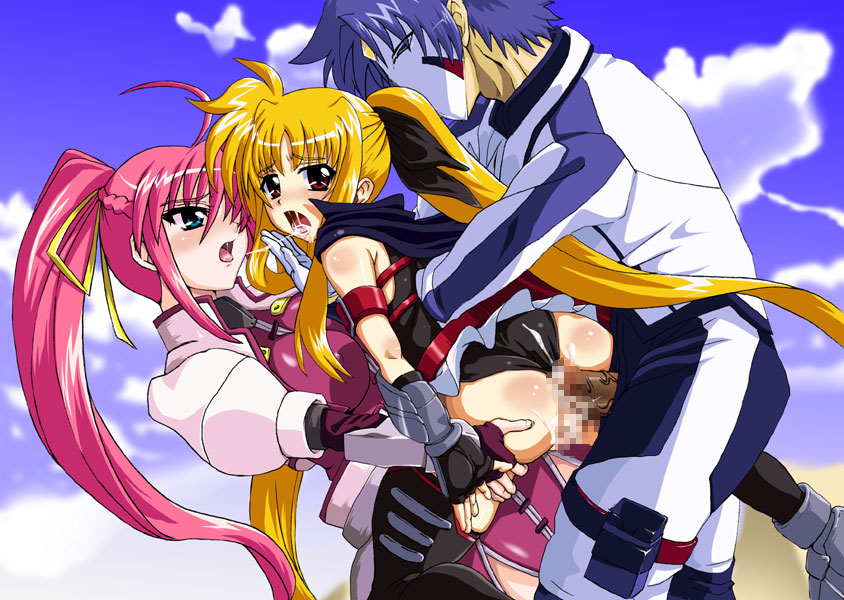 2girls anal bisexual_female censored clothed_sex fate_testarossa female group_sex human lolita_channel lyrical_nanoha magical_girl mahou_shoujo_lyrical_nanoha male multiple_girls rape sex signum straight thighhighs threesome