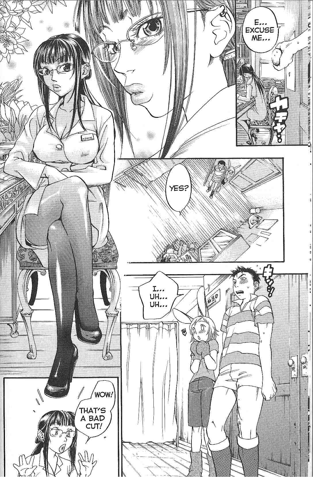 1boy 2girls bunny_ear comic english_text eromanga hard_translated high_heels highres jpeg_artifacts manga monochrome nipple_bulge pink_sniper sakurai_haruna scan shoes thighhighs translated yonekura_kengo