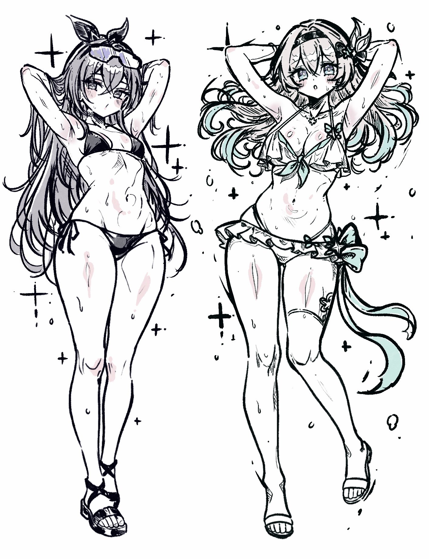 2girls, armpits, arms behind head, firefly (honkai: star rail), full body, greyscale, honkai: star rail, large breasts, monochrome, multiple girls, sandals, silver wolf (honkai: star rail), small breasts, thighs, usa (usagi minku)