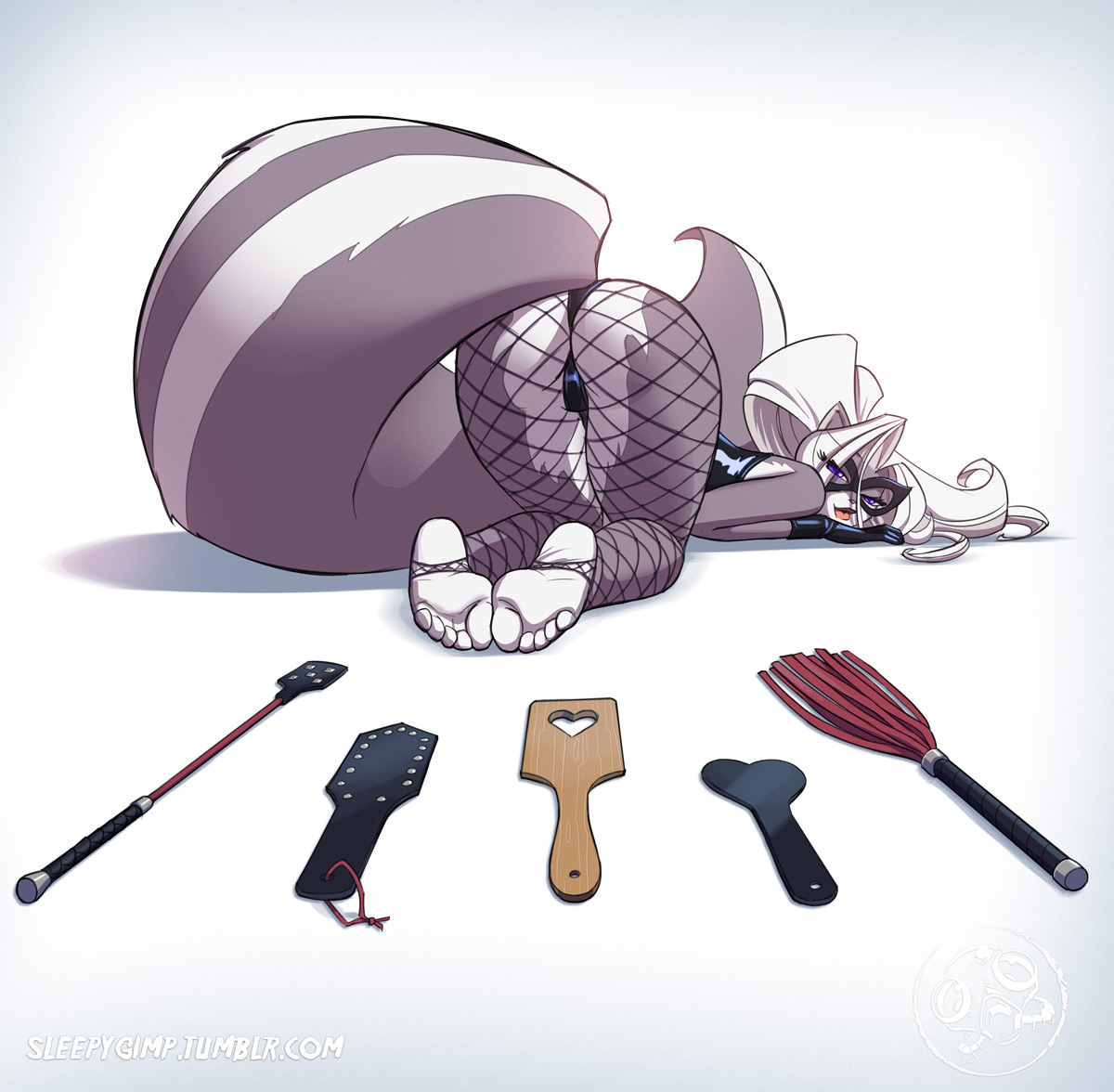 anthro, ass, barefoot, big ass, blue eyes, chloe sinclaire, countershade feet, domino mask, eyelashes, feet, female, female only, fishnets, fluffy tail, furry, gloves, gradient background, grey fur, highres, jolly jack, latex, leotard, lipstick, long hair, looking at viewer, looking back, mammal, mask, original character, paddle, pink lipstick, ponytail, riding crop, skunk, sleepygimp, soles, solo, tail, tied hair, toeless legwear, toes, top-down bottom-up, whip, white fur, white hair