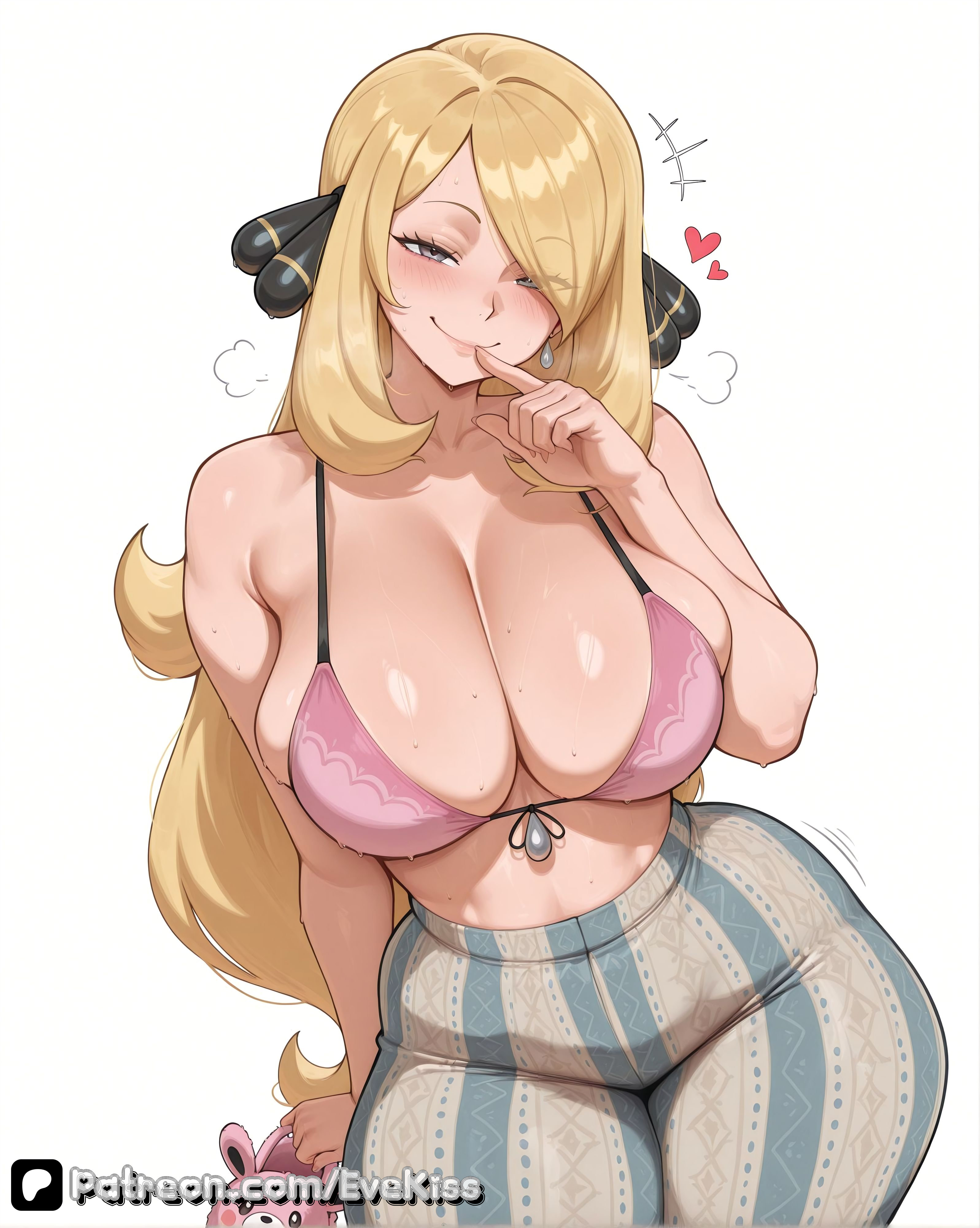 1girl, 1girls, ai generated, blonde, blonde hair, breasts, camel toe, cameltoe, cleavage, clothed, clothed female, curvy, curvy figure, cynthia (pokemon), evekiss, female, female focus, female only, focus, fully clothed, hair ornament, large breasts, light skin, nipples, nipples covered, nipples visible through clothing, pokemon, pussy, sfw, solo, solo female, solo focus, teeth, thick thighs, thighs, tight clothes, tight clothing, uncensored, wide hips