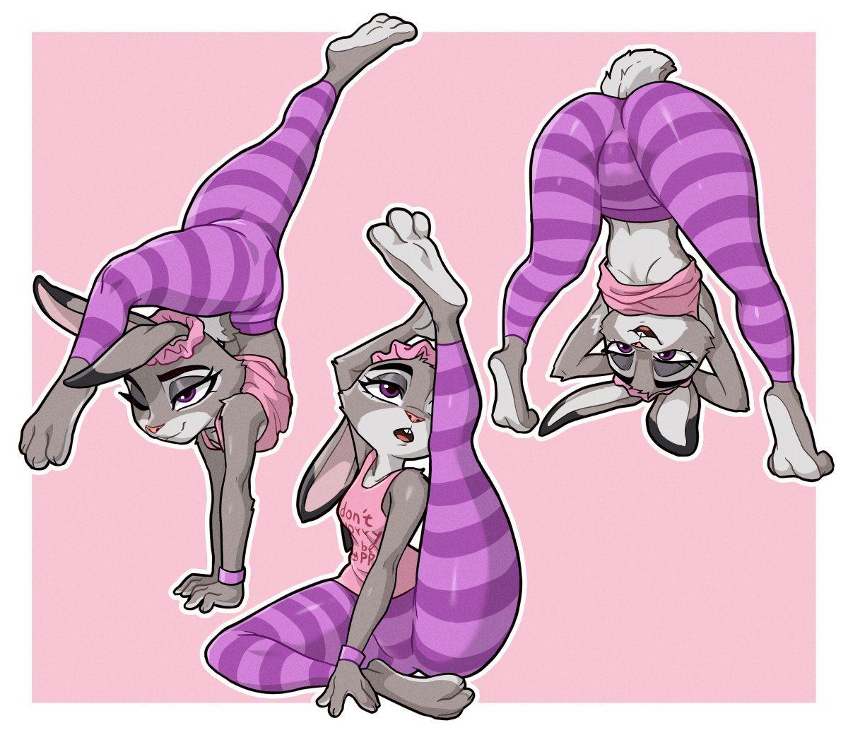 2025 3_toes 4_fingers anthro barefoot biped black_ear_tips black_ears black_eyebrows border bottomwear breasts buckteeth butt camel_toe centinel303 clothed clothed_anthro clothed_female clothing countershading dipstick_ears disney ear_markings english_text european_rabbit eyebrows eyelashes feet female female_anthro fingers flexible fur grey_body grey_ears grey_fur grey_tail half-closed_eyes hands_behind_head handstand judy_hopps lagomorph leggings legwear leporid mammal markings mouth_closed multicolored_ears narrowed_eyes no_bra one_eye_closed open_mouth oryctolagus outline pattern_bottomwear pattern_clothing pattern_leggings pattern_legwear pink_background pink_clothing pink_inner_ear pink_nose pink_scrunchie pink_shirt pink_tank_top pink_text pink_tongue pink_topwear plantigrade purple_clothing purple_eyes purple_leggings purple_legwear purple_wristband rabbit raised_leg scrunchie scut_tail shirt short_tail simple_background sitting small_breasts snout solo stretching striped_bottomwear striped_clothing striped_leggings striped_legwear stripes tail tank_top teeth text text_on_clothing text_on_shirt text_on_tank_top text_on_topwear thick_thighs toes tongue topwear two_tone_ears under_boob white_border white_outline wide_hips wristband yoga zootopia