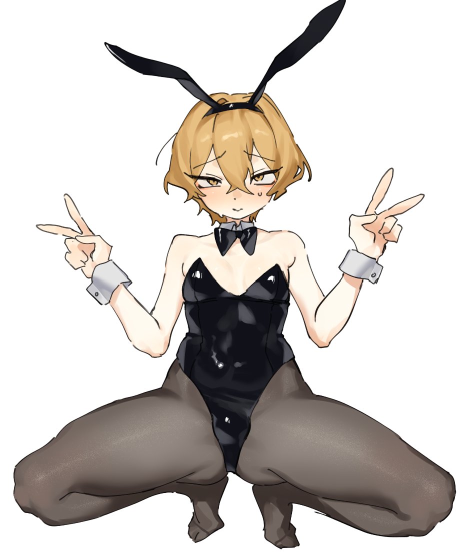 1boy, 1femboy, 2d, alternate body type, black bunny ears, black bunnysuit, black stockings, blonde hair, blonde male, bottom heavy, bottom heavy femboy, bowtie collar, bulge, bulge through clothing, bunny boy, bunny ears, bunnysuit, color, colored, crossdressing, cuffs (clothing), dhlrhkrwnals, digital media (artwork), double peace sign, double v, embarrassed, femboy, femboy focus, feminine male, gold eyes, light skin, light-skinned male, limbus company, looking up, male, male focus, male only, nylon stockings, pale skin, pale-skinned male, peace sign, project moon, shoeless, simple background, sinclair (limbus company), sitting, skinny, solo, solo male, thick hips, thick thighs, tights, twink, twink focus, video games, white background, wide hips, yellow eyes, yellow hair
