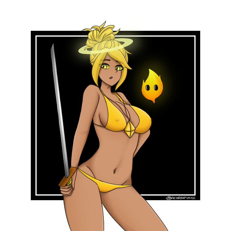 acorn_(pixel_worlds) bikini blonde blonde_hair dark_skin female halo muffin_(scarlessmxxn) necklace nipple_bulge nipples_visible_through_clothing pixel_worlds scarlessmxxn sword yellow_bikini yellow_eyes yellow_hair