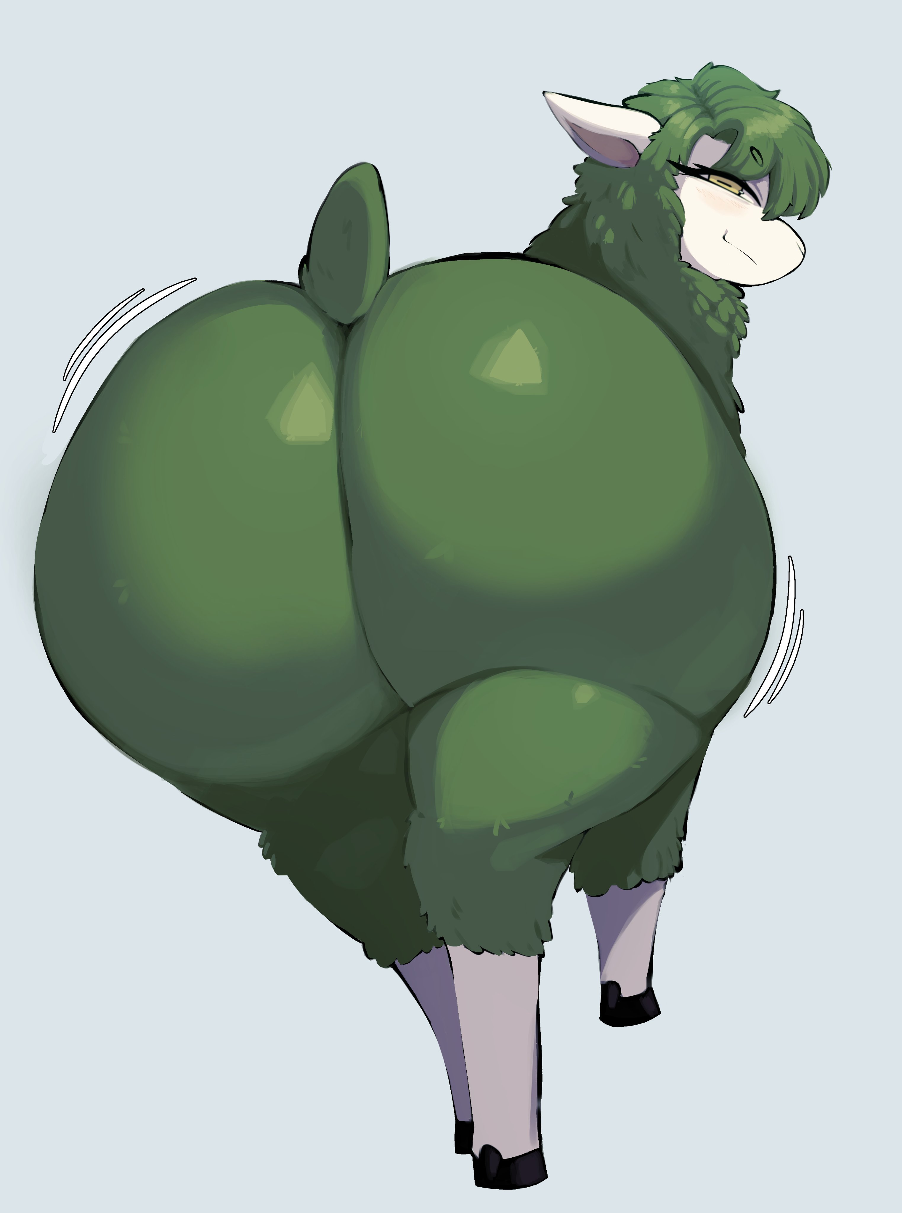 absurd res, astonarts, big butt, bovid, buck (kiwibank), butt, caprine, female, feral, fur, green body, green fur, green hair, green wool, hair, hi res, horizontal pupils, huge butt, kiwibank, looking at viewer, looking back, looking back at viewer, mammal, presenting, presenting hindquarters, pupils, shaking butt, sheep, short tail, simple background, solo, tail, thick thighs