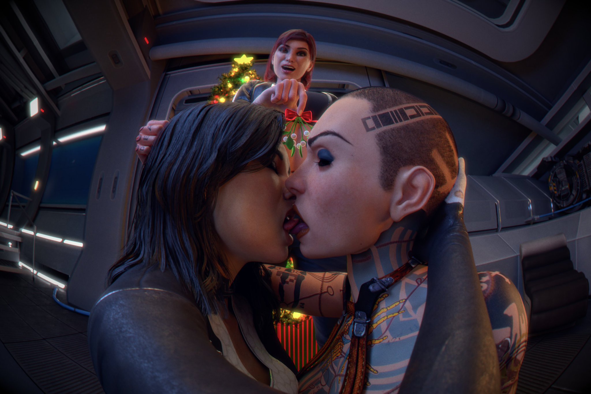 3d, 3d (artwork), commander shepard, crackedorb, femshep, jack (mass effect), kissing, lesbian, mass effect, miranda lawson
