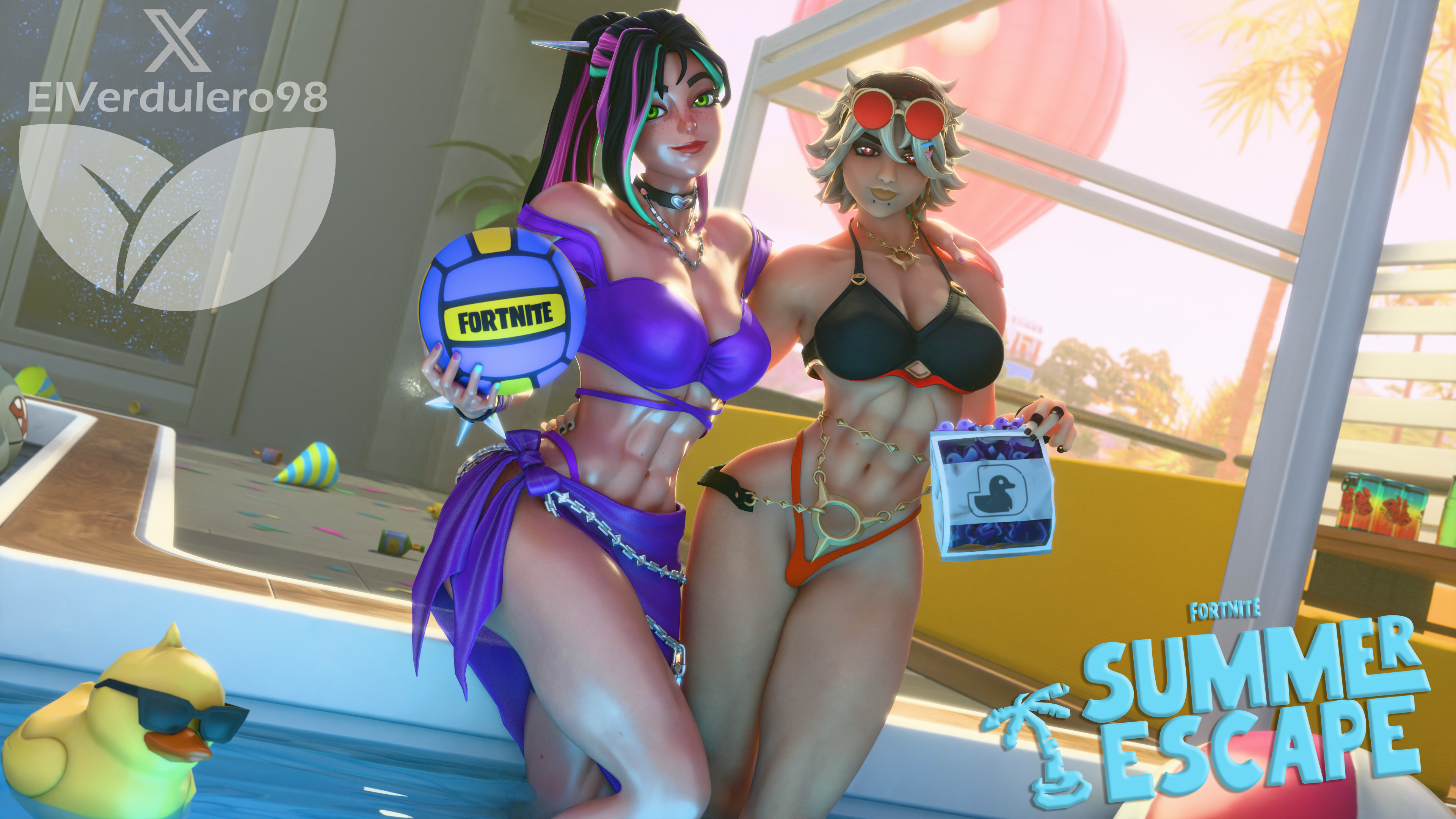 2girls, 3d, abs, athletic female, bra, elverdulero98, female only, female/female, fit female, fortnite, helsie (fortnite), joni (fortnite), piercings, pool, poolside, sand witch helsie (fortnite), sarong, summer, summer slayer joni (fortnite), swimwear, thong, volleyball, yuri