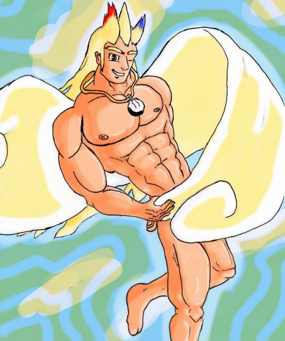 abs barefoot beige_skin color covering humanized male male_only muscles necklace nude pokemon solo tagme togekiss wings wink